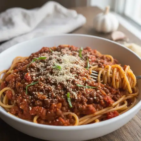 Lentil Bolognese With Cashew Parmesan