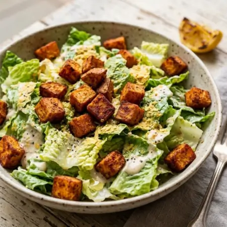 Caesar Salad With BBQ Sweet Potato Croutons