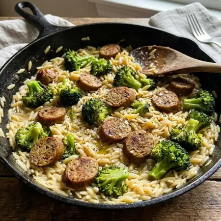 Vegan Sausage & Broccoli Orzo Skillet