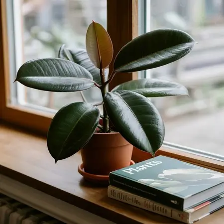 a rubber plant placed on windowsill
