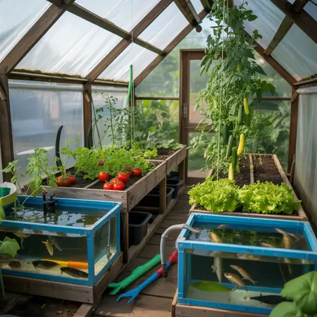 Greenhouse with plants and fish tanks