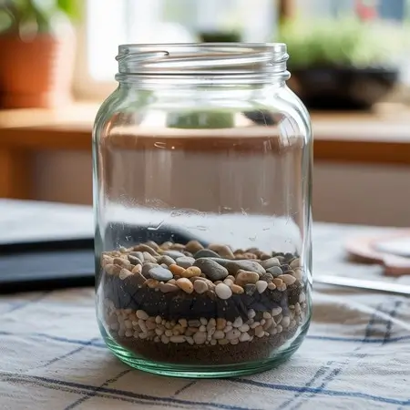 jar with layer of small stones for terrarium