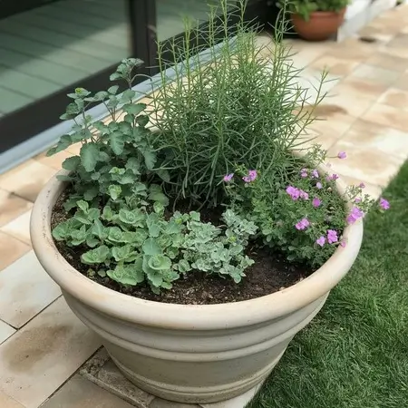 Large pot with mix of flowers