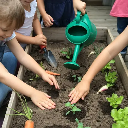 kids interacting with raised box to grow vegetables