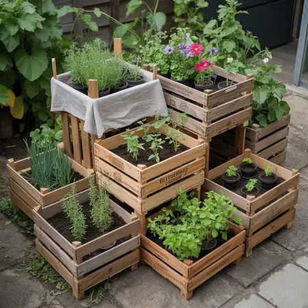 Stacked wooden crates with plants