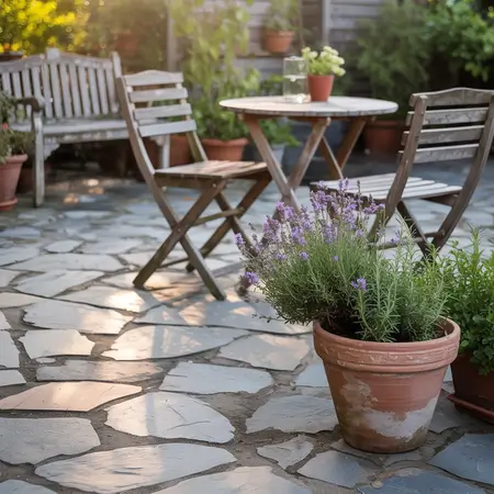 Cozy garden patio with lavender