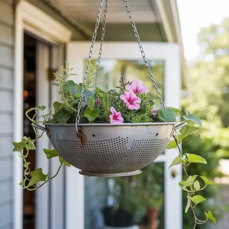 repurpose colander as flower planter