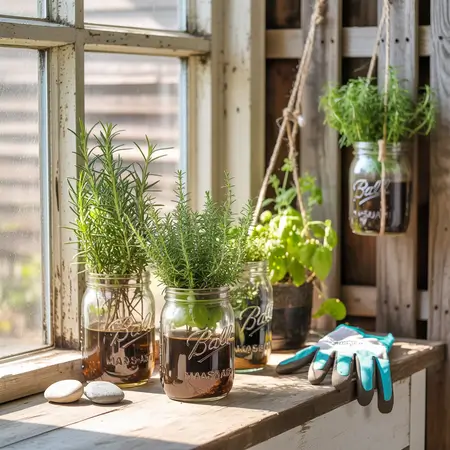 flowers planted in mason jars