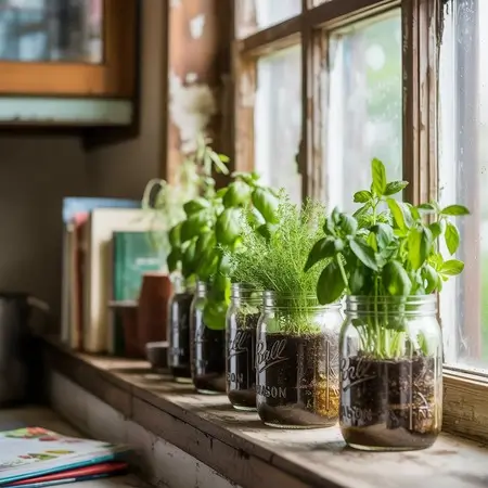 use mason jars growing herbs in small areas