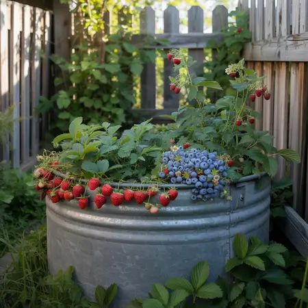 Metal container with strawberries and blueberries
