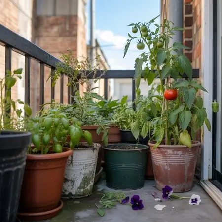 balcony of urban flat filled with gardening pots