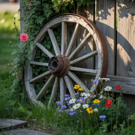 vintage garden with wagon wheel