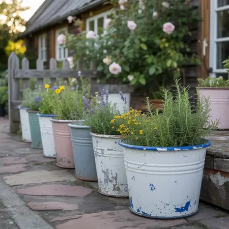 using buckets and tins for planting flowers