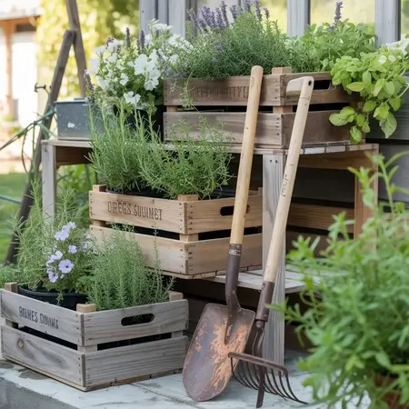 wooden crates to add vintage look to garden