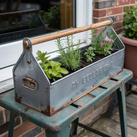 Metal toolbox with herbs and flowers