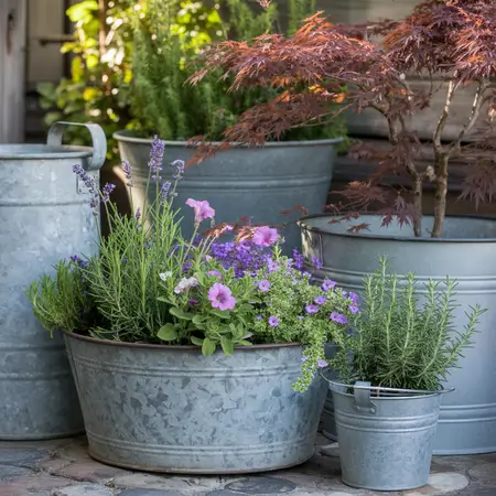 Metal pots with colorful flowers