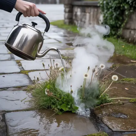 a person pouring boiling water on weed to kill it
