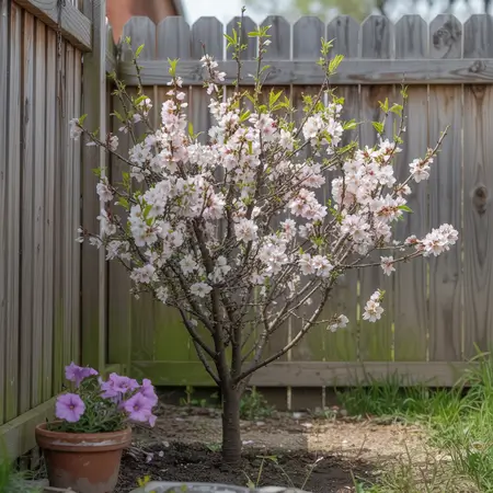 dwarf almond tree in backyard
