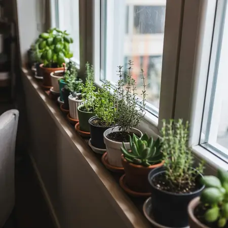 Windowsill filled with potted plants