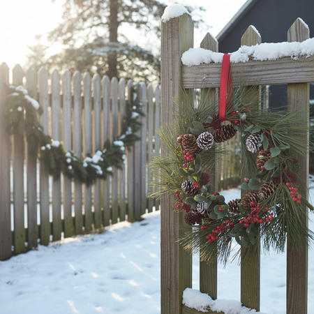 Snowy winter scene with festive wreath