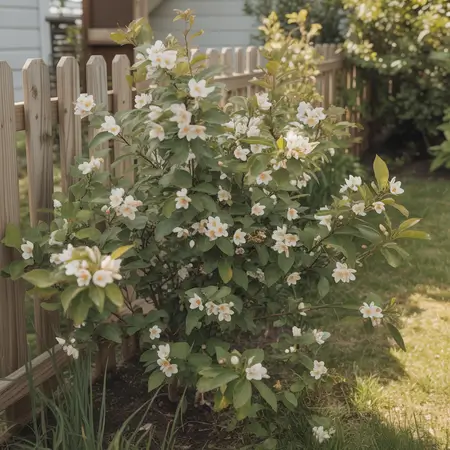 Flowering bush beside wooden fence