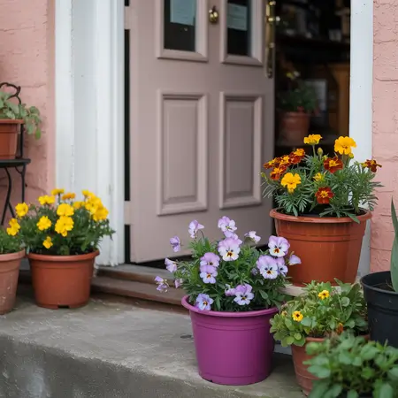 Colorful flower pots by doorway