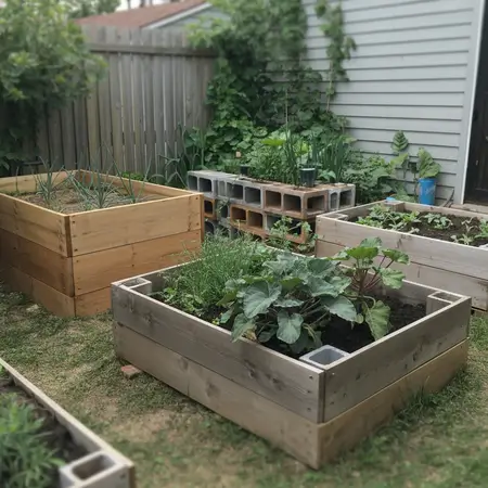 raised garden beds with various plants