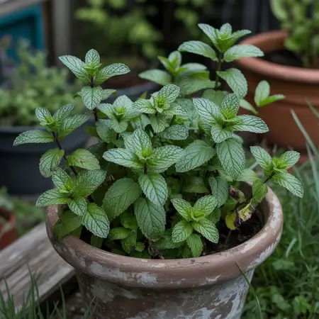 Lush green mint plant in pot