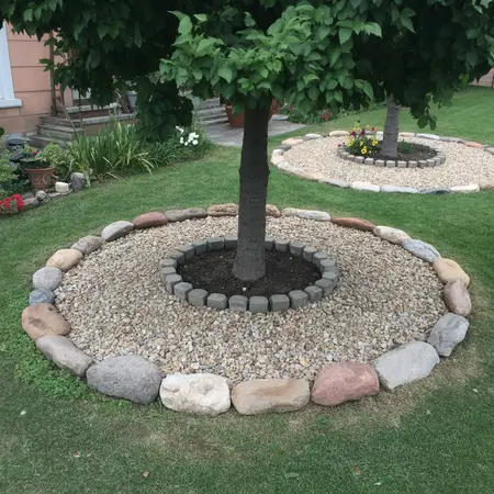 Landscaped tree beds with stones