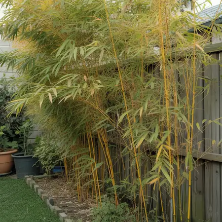 Tall bamboo plants beside wooden fence