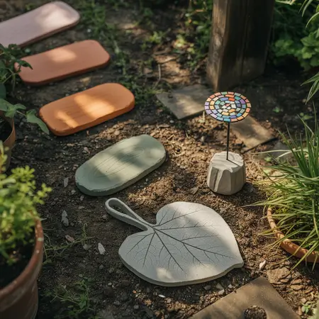 Colorful garden stepping stones and decor