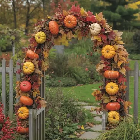 Colorful pumpkin arch in autumn