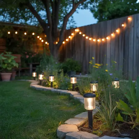 Garden path illuminated by lights