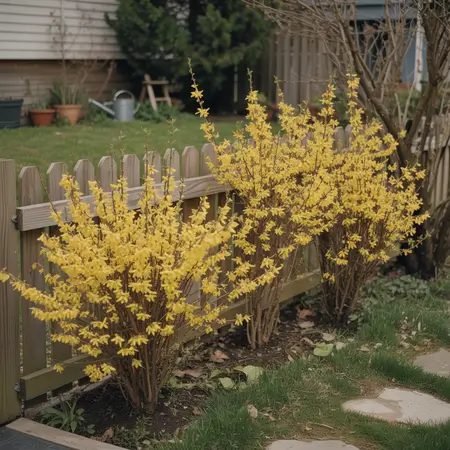 Yellow Forsythia flowering bushes along the fence