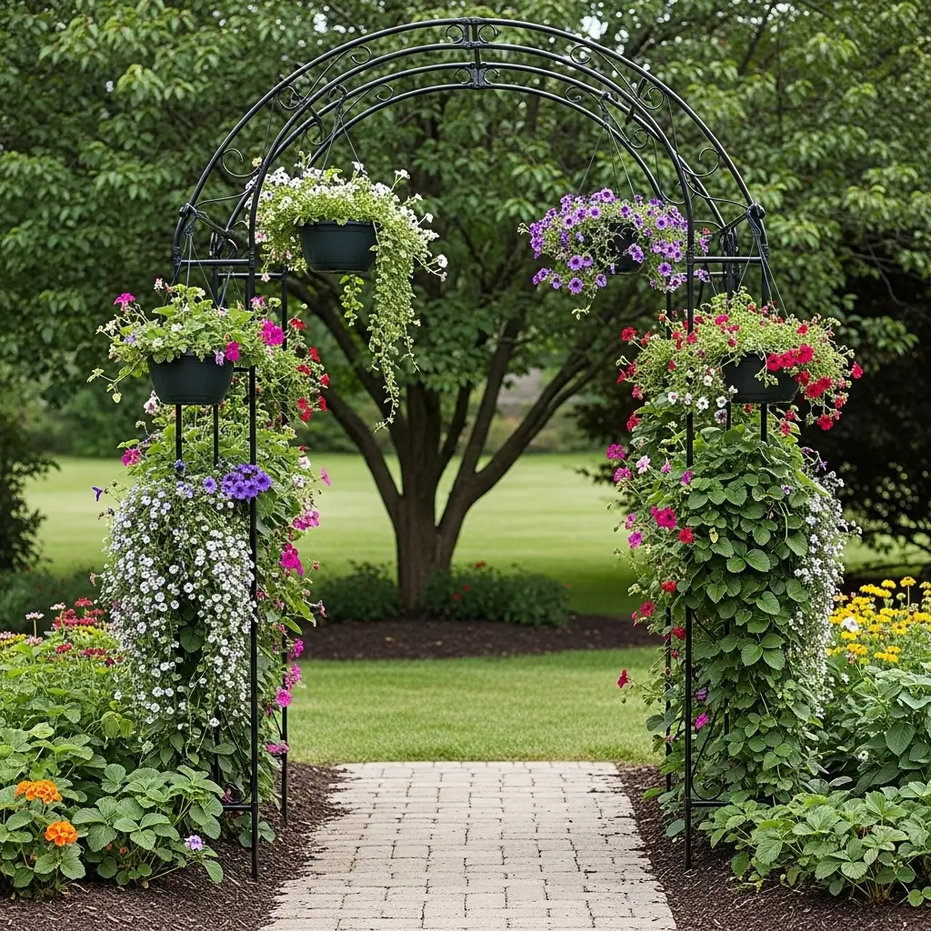 Metal Arch with Hanging Flower Baskets