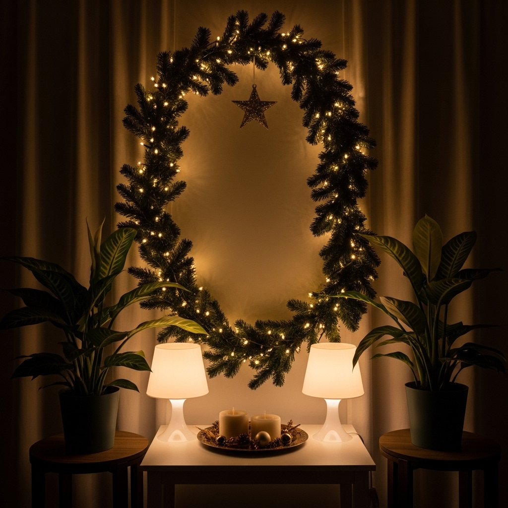 Decorative wreath with lights and candles