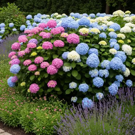 Colorful hydrangea flowers in garden