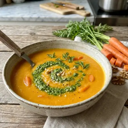 Creamy Carrot Soup with Carrot-Top Pesto