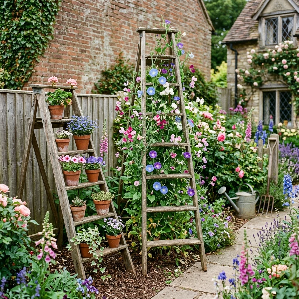 Vintage Ladders as Trellises or Shelves