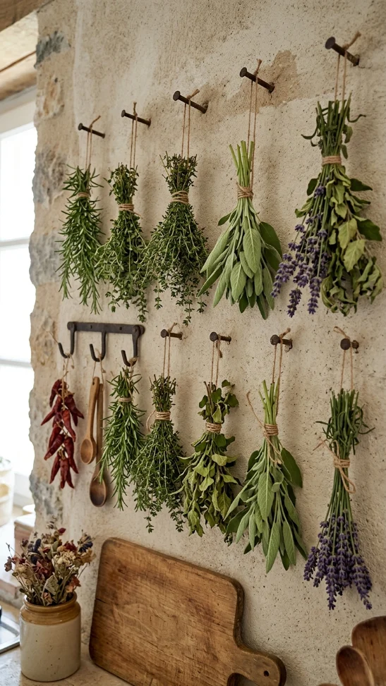Bundled Herbs on Wall Hooks or Nails