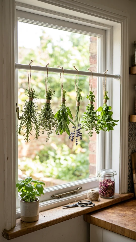 Tension Rod Herb Drying Setup