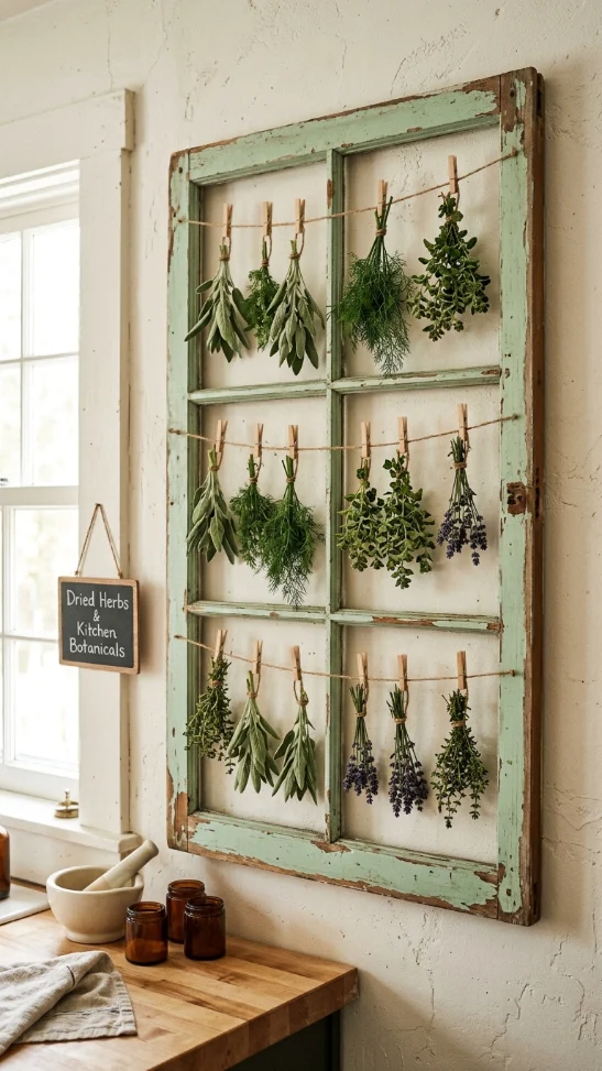 Old Window Frame Herb Drying Rack