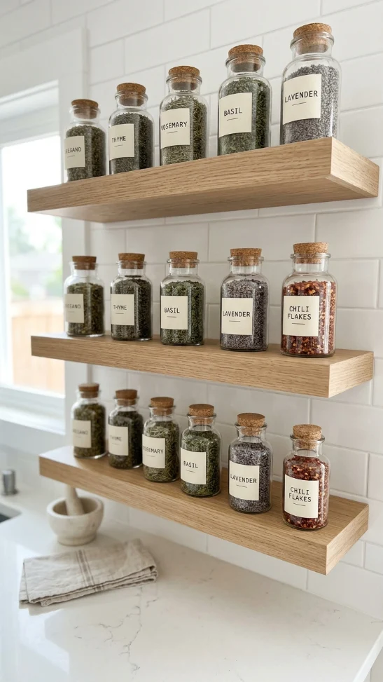 Herb Jars on Wall Shelf Display